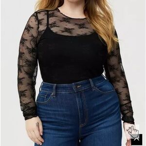 NWT sheer black crew lace long sleeve top